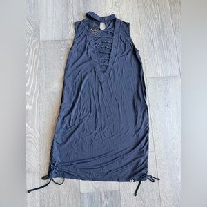 Exotica Black Slinky Silky Ladder Front Tank Dress with Cinched Sides